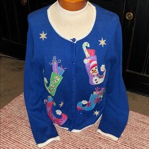 Women’s Blue Holiday Cardigan Sweater with Festive Appliqués